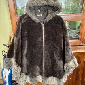 Vintage Sears Faux Fur Hooded Cape Brown and Beige